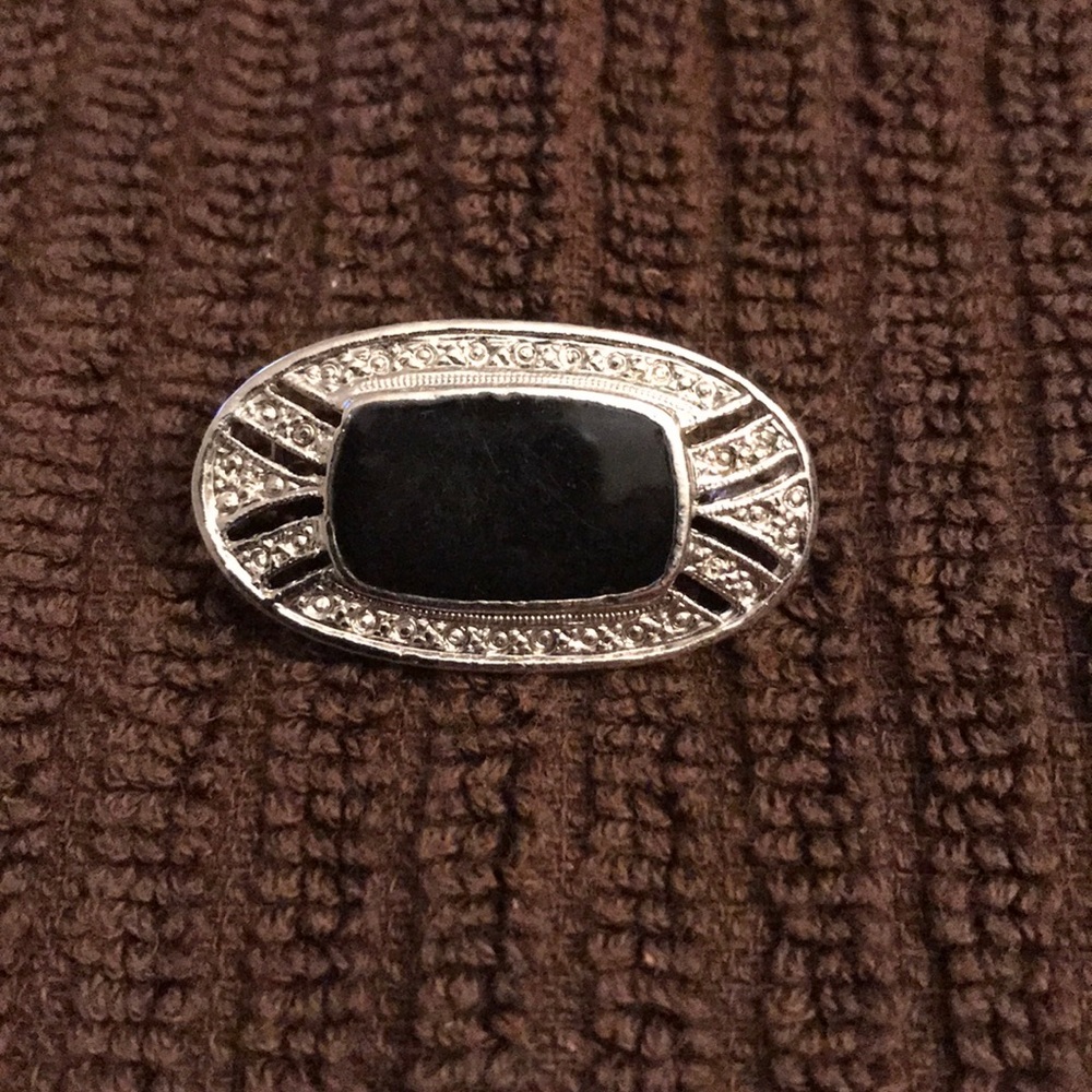 Silver Tone and Onyx Brooch